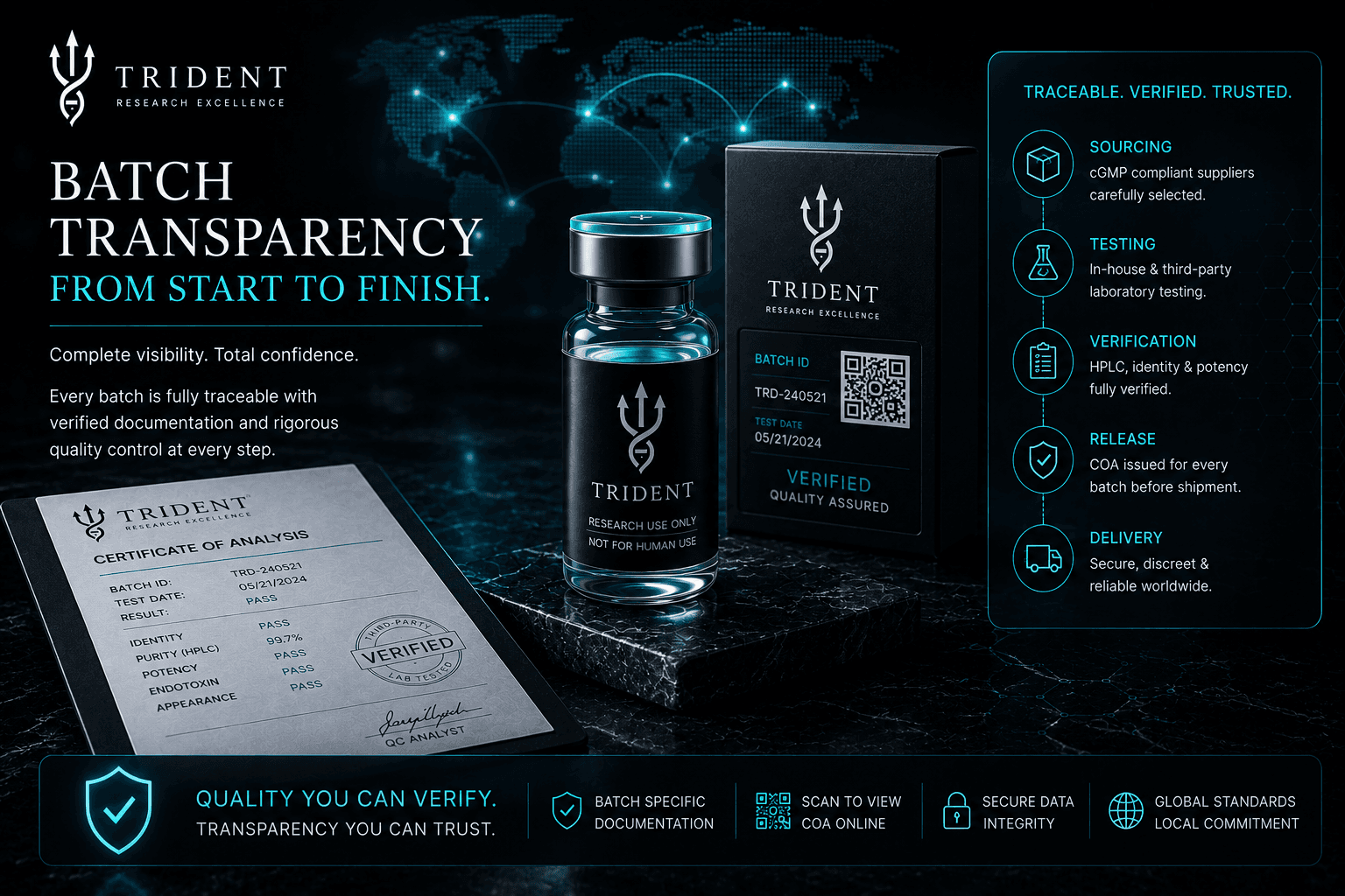 Trident batch transparency visual with certificate of analysis and traceability workflow