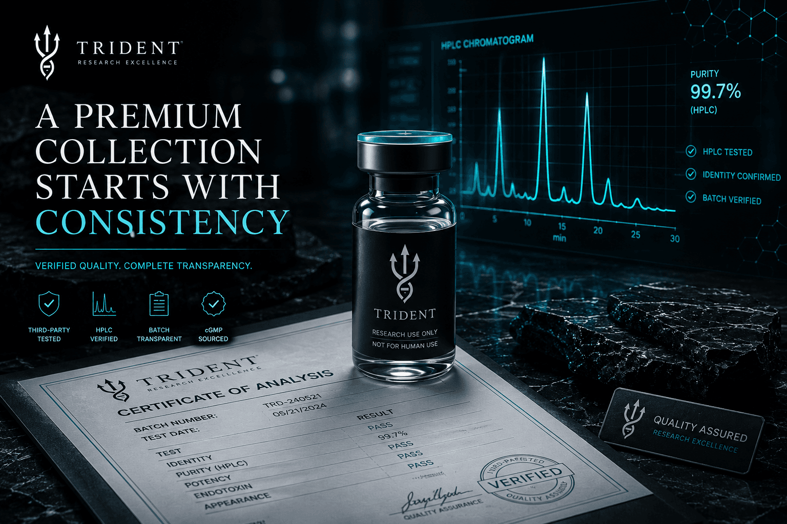 Trident quality standards visual with vial, certificate of analysis, and HPLC verification