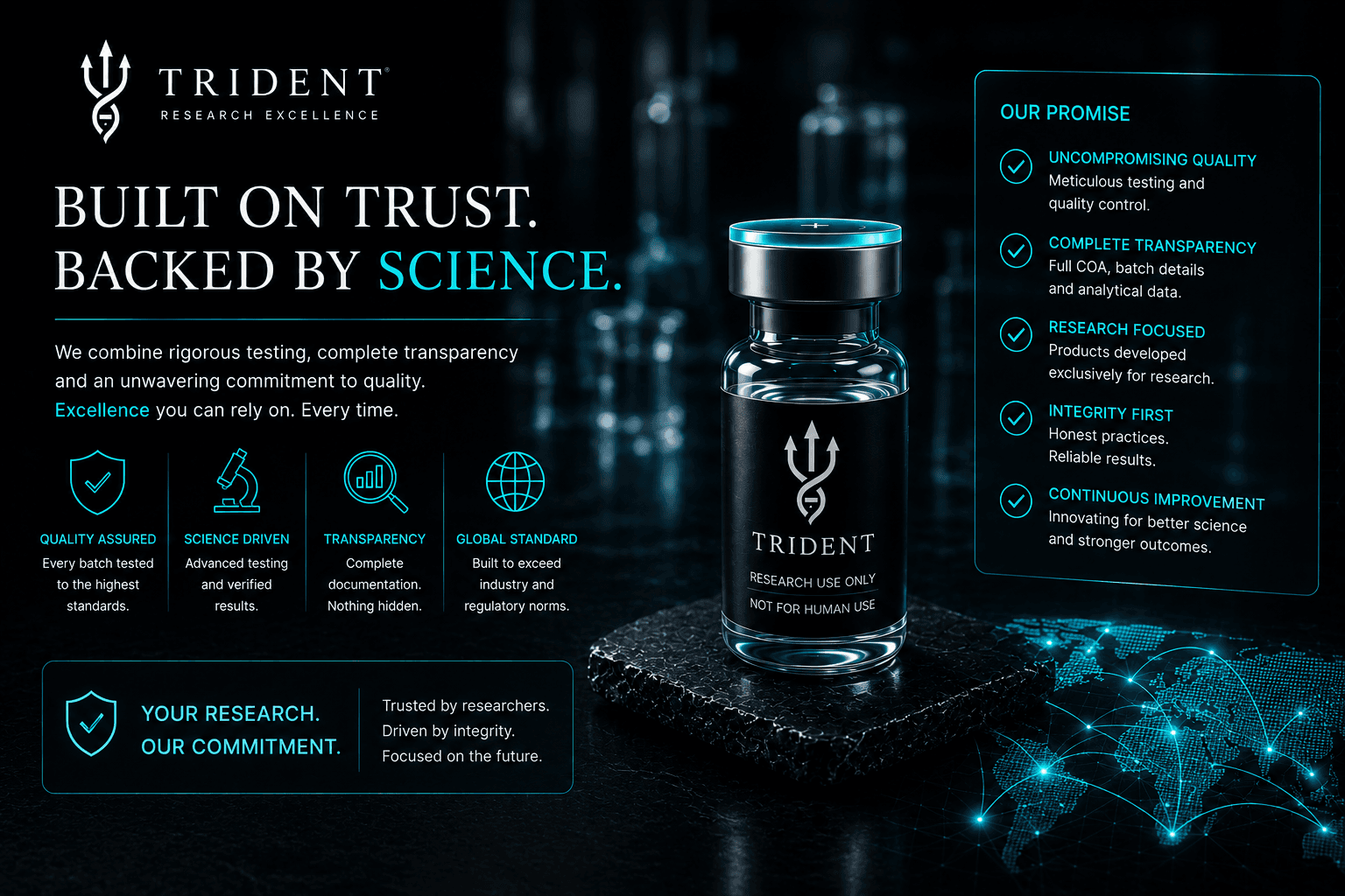 Trident brand trust visual with research case, vials, and quality promise